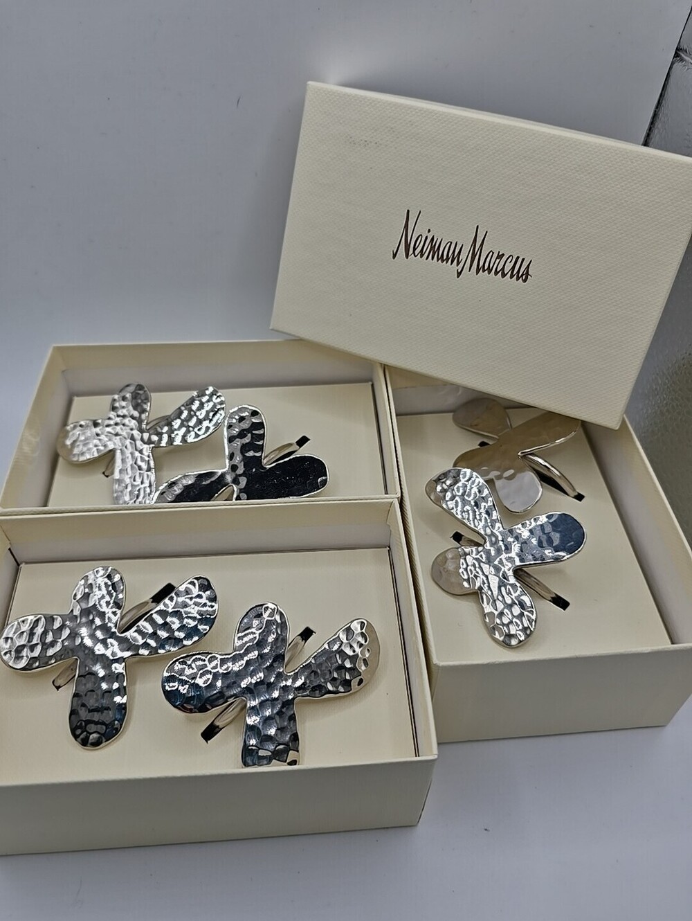 Vtg Neiman Marcus MCM Abstract Butterfly Hammered Silver Napkin Rings Lot 6 NIB